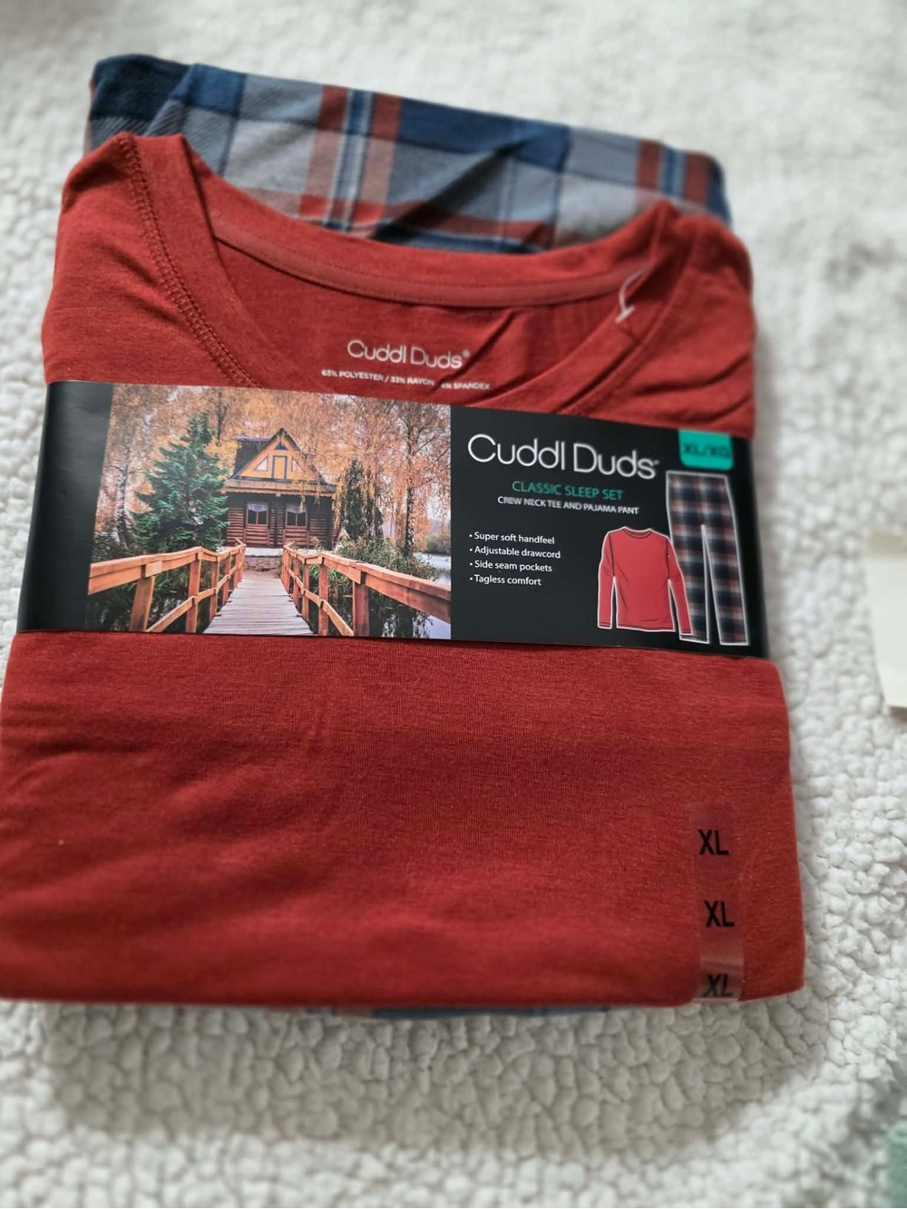 Cuddl Duds Brick Red Crew Neck Sleep Top with Plaid Pants